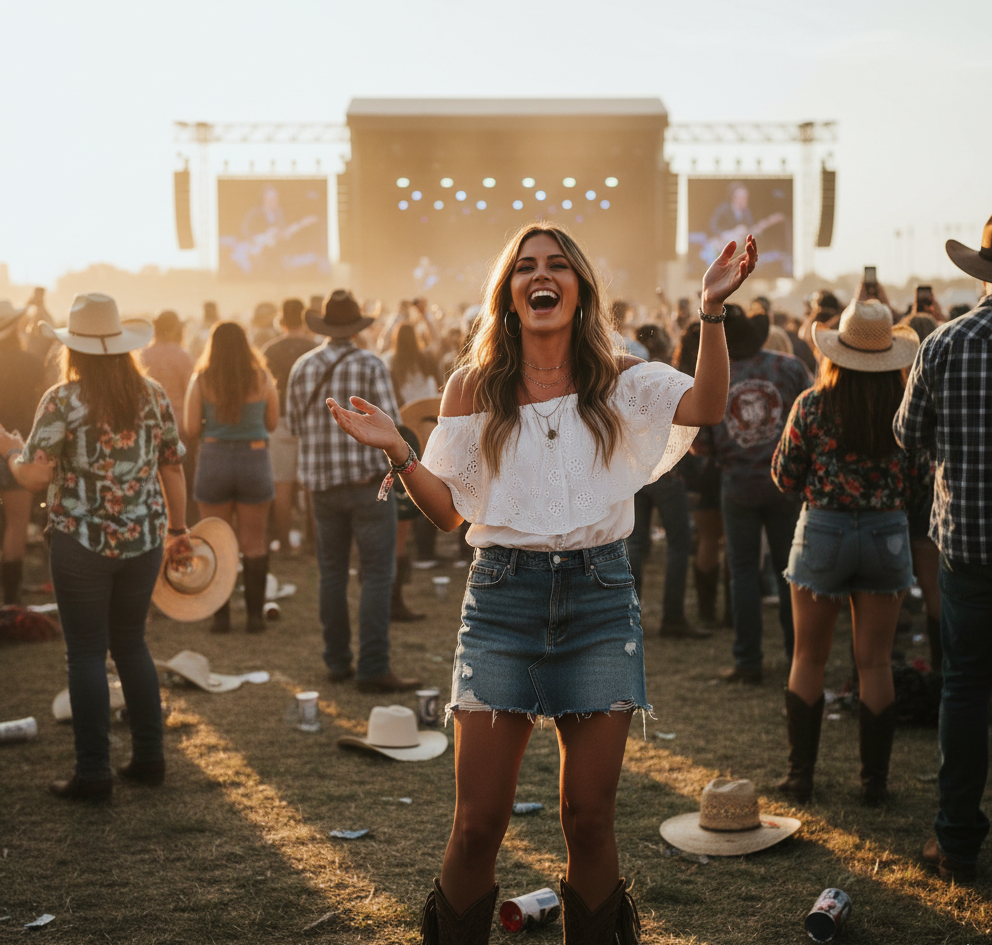 25 Trendy Country Concert Outfit Ideas to Rock Your Look 8 Off-the-Shoulder Top with Denim Skirt