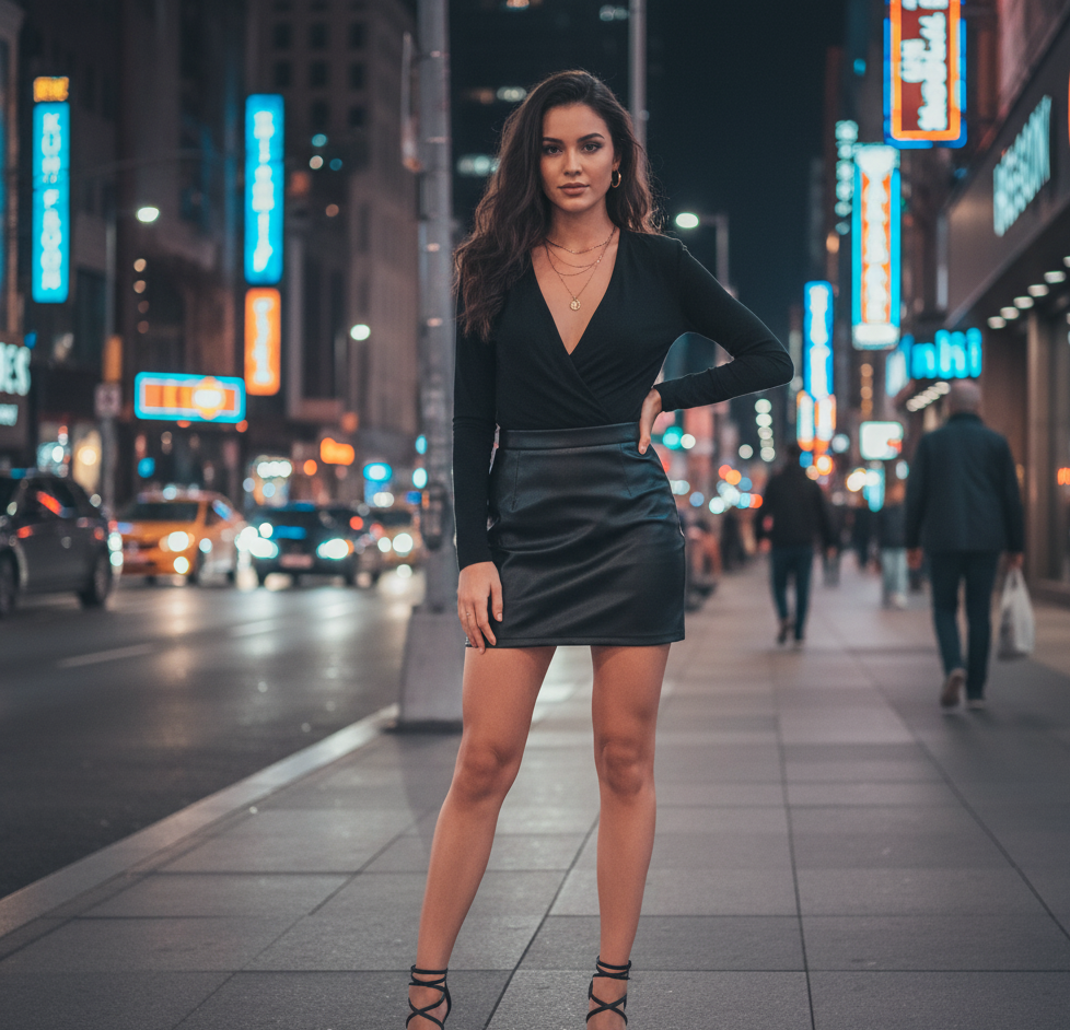 Plunge Neckline Top and Faux Leather Skirt