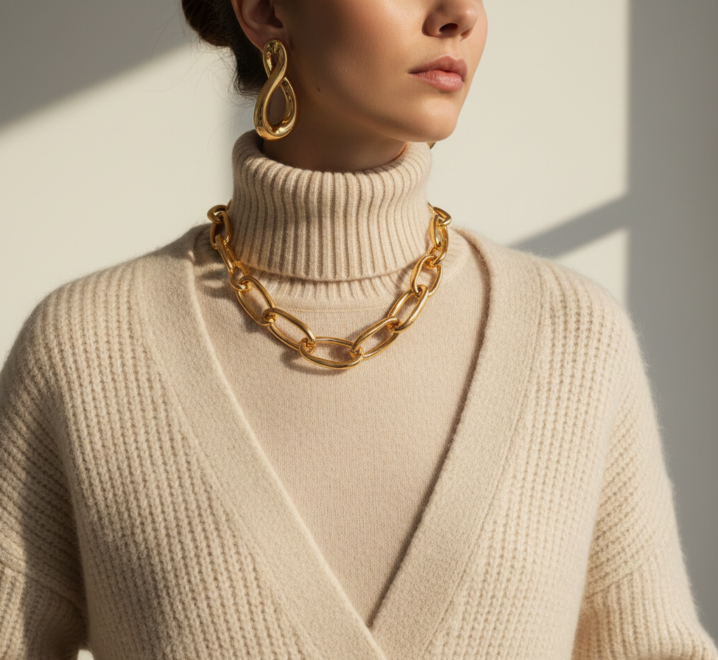 Adding Statement Gold Jewelry to a Simple Look Idea