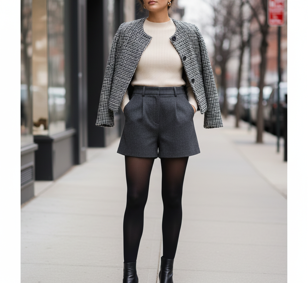 Styling High-Waisted Wool Shorts with Tights Idea