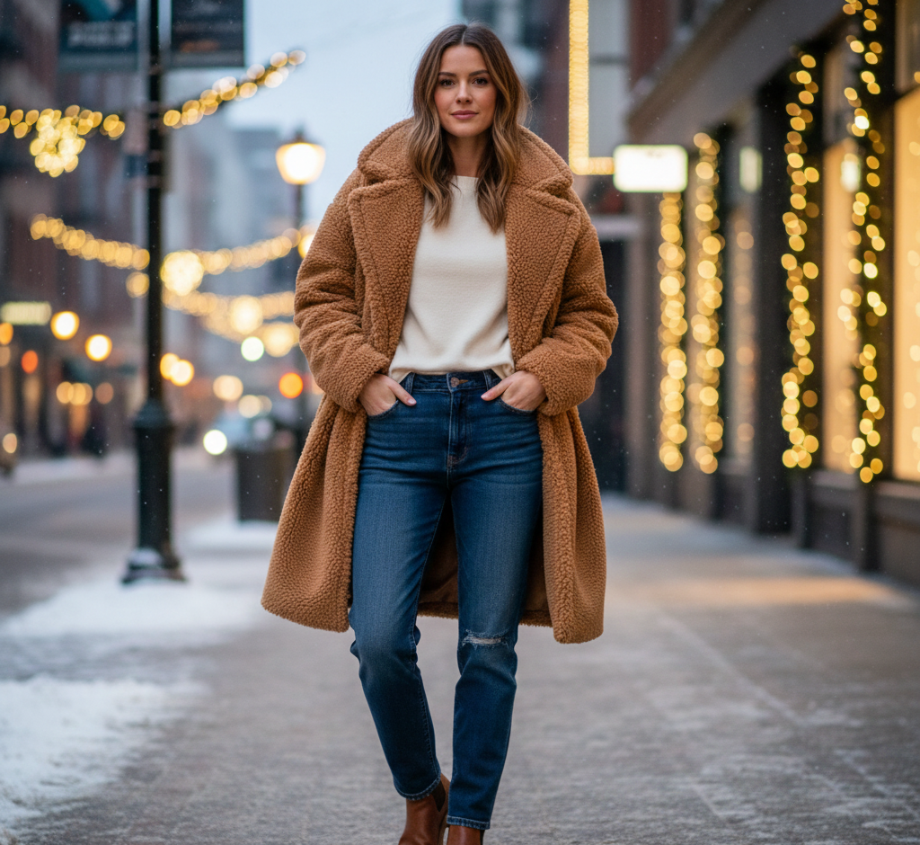 Styling a Teddy Coat with Dark Denim Idea