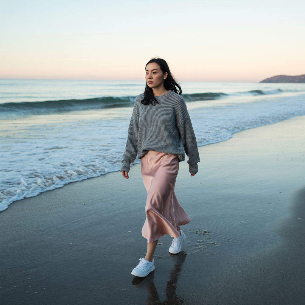 Cashmere Sweater with Satin Midi Skirt