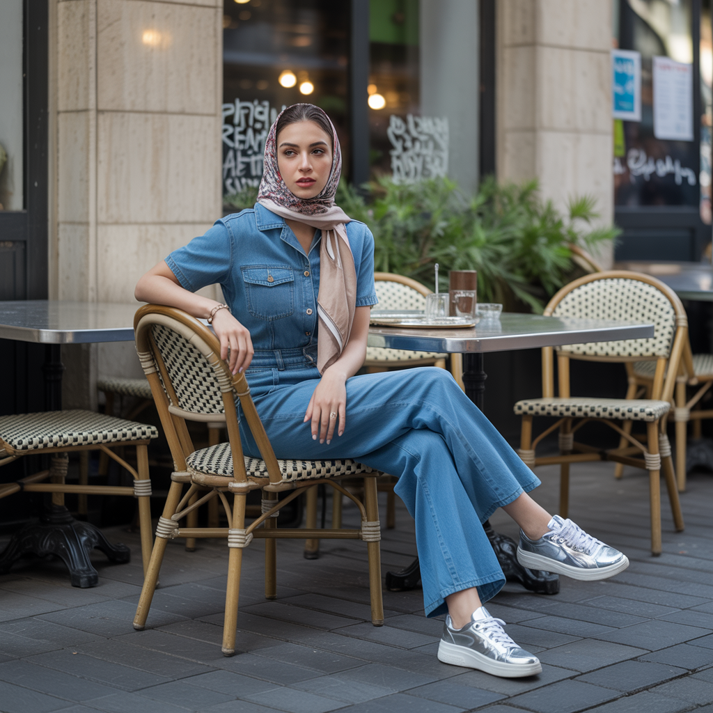 25 Best Fall Outfits for Women to Try This Season 16 Denim-on-Denim with Scarf and Sneakers