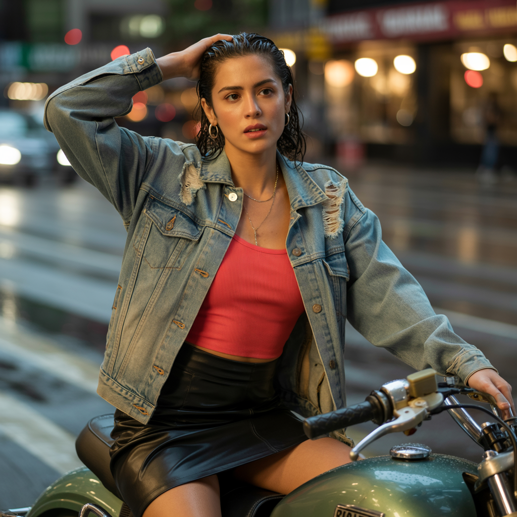 Distressed Denim Jacket with Leather Skirt