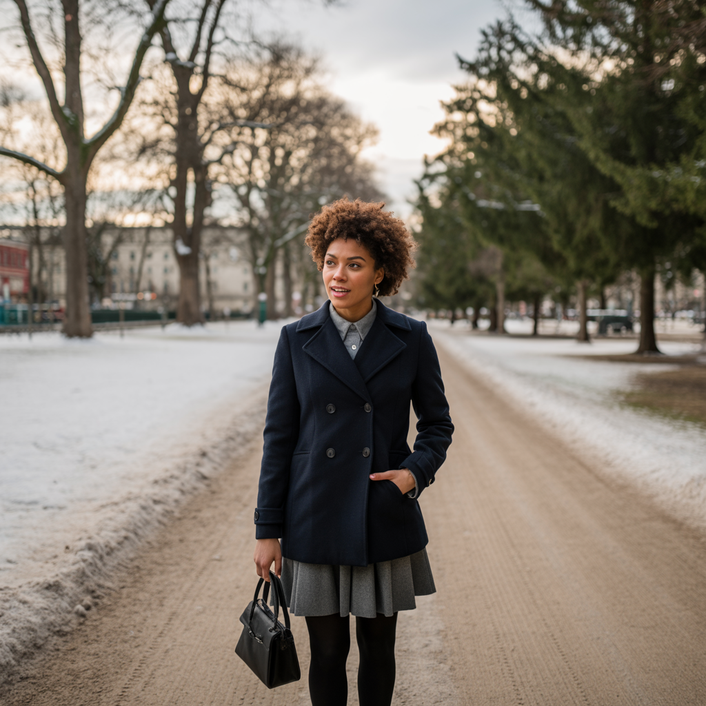 Double-Breasted Coat with Skirt and Tights