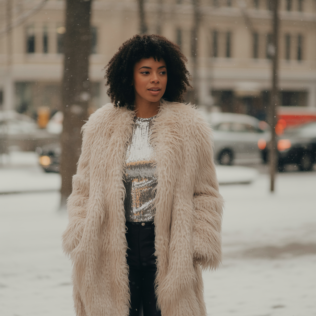 20 Best Stunning Winter Outfits That Turn Heads in Cold Weather 5 Faux Fur Coat with Sequin Top