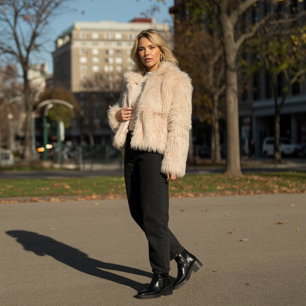 25 Best Fall Outfits for Women to Try This Season 24 Faux Fur Jacket with Jeans and Ankle Boots