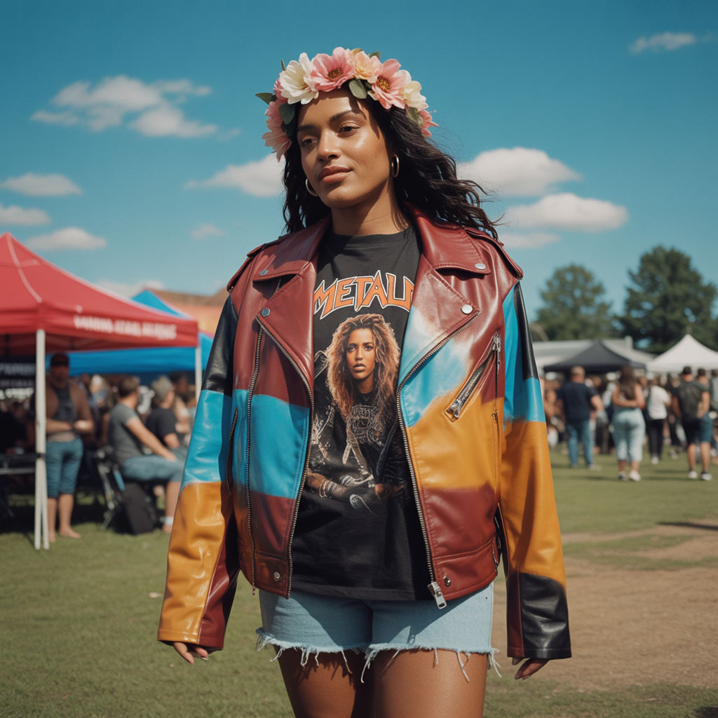 Leather Jacket with Band Tee