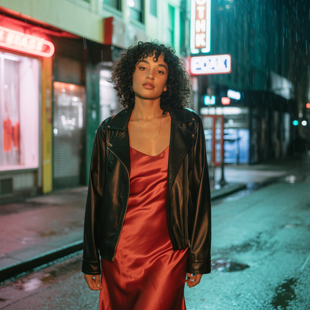 Leather Jacket with Slip Dress