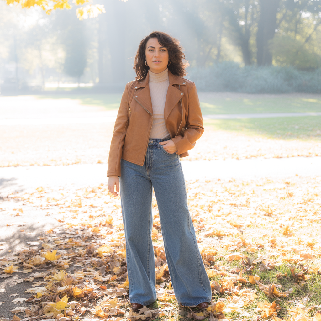25 Best Fall Outfits for Women to Try This Season 4 Leather Jacket with Turtleneck and Wide-Leg Pants
