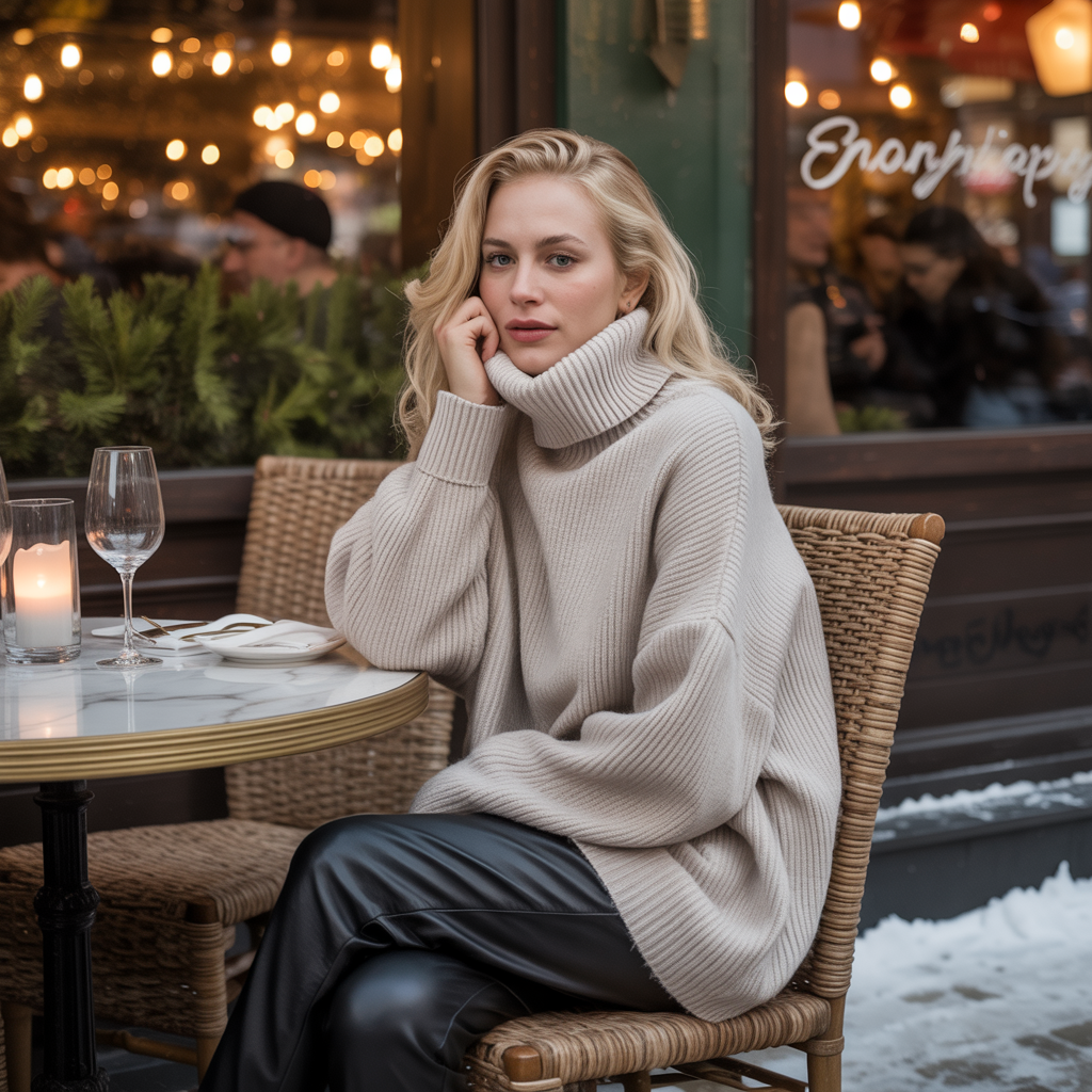 Leather Pants with Oversized Turtleneck