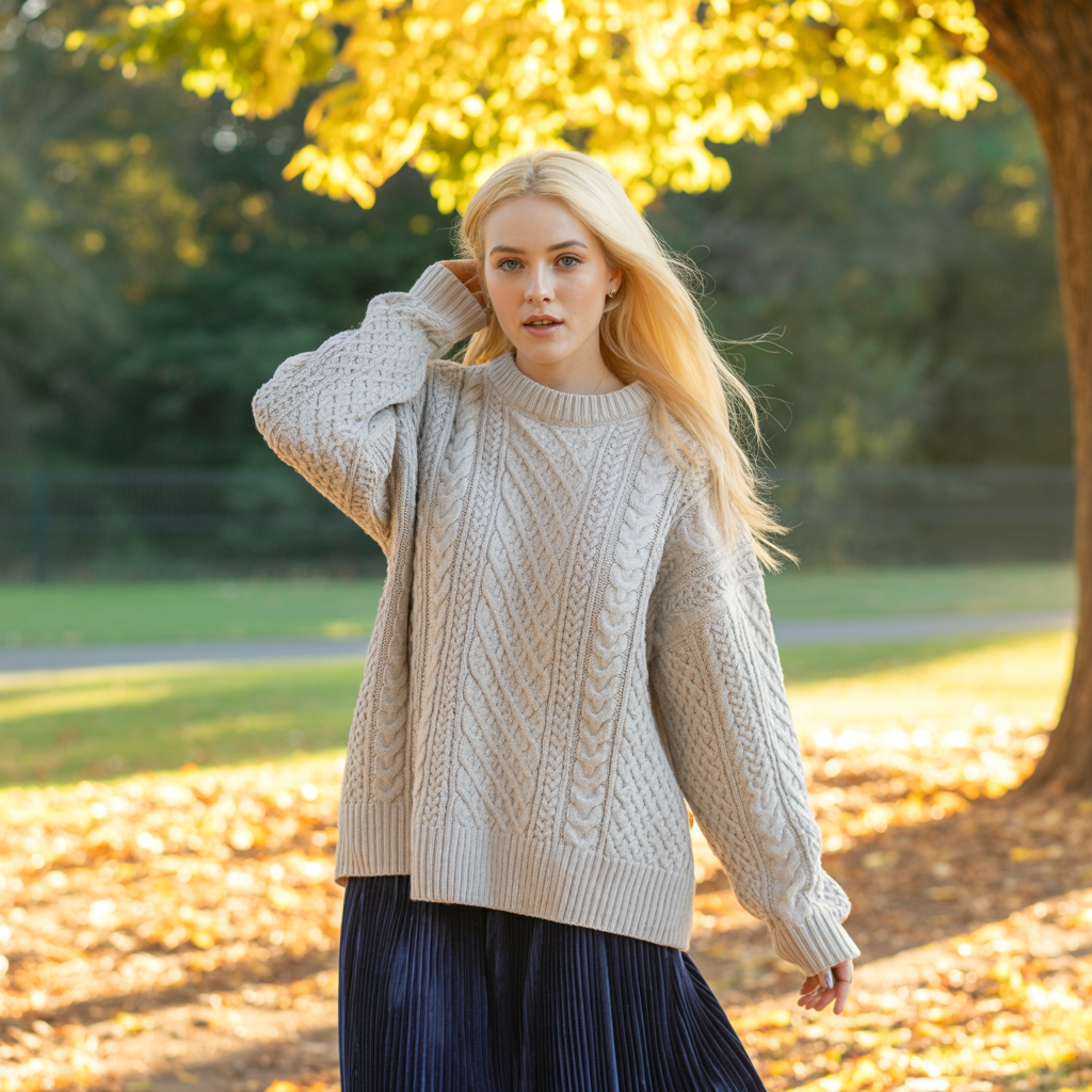 Oversized Cable Knit Sweater with Pleated Skirt