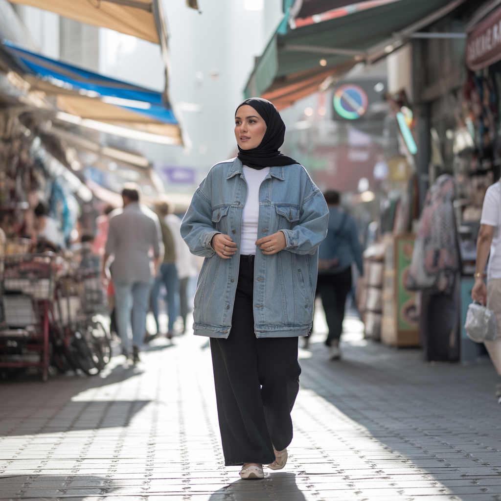 Oversized Denim Jacket with Black Pants