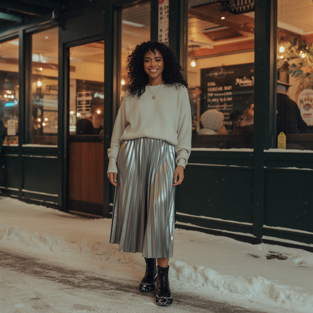 Pleated Midi Skirt with Knit Top