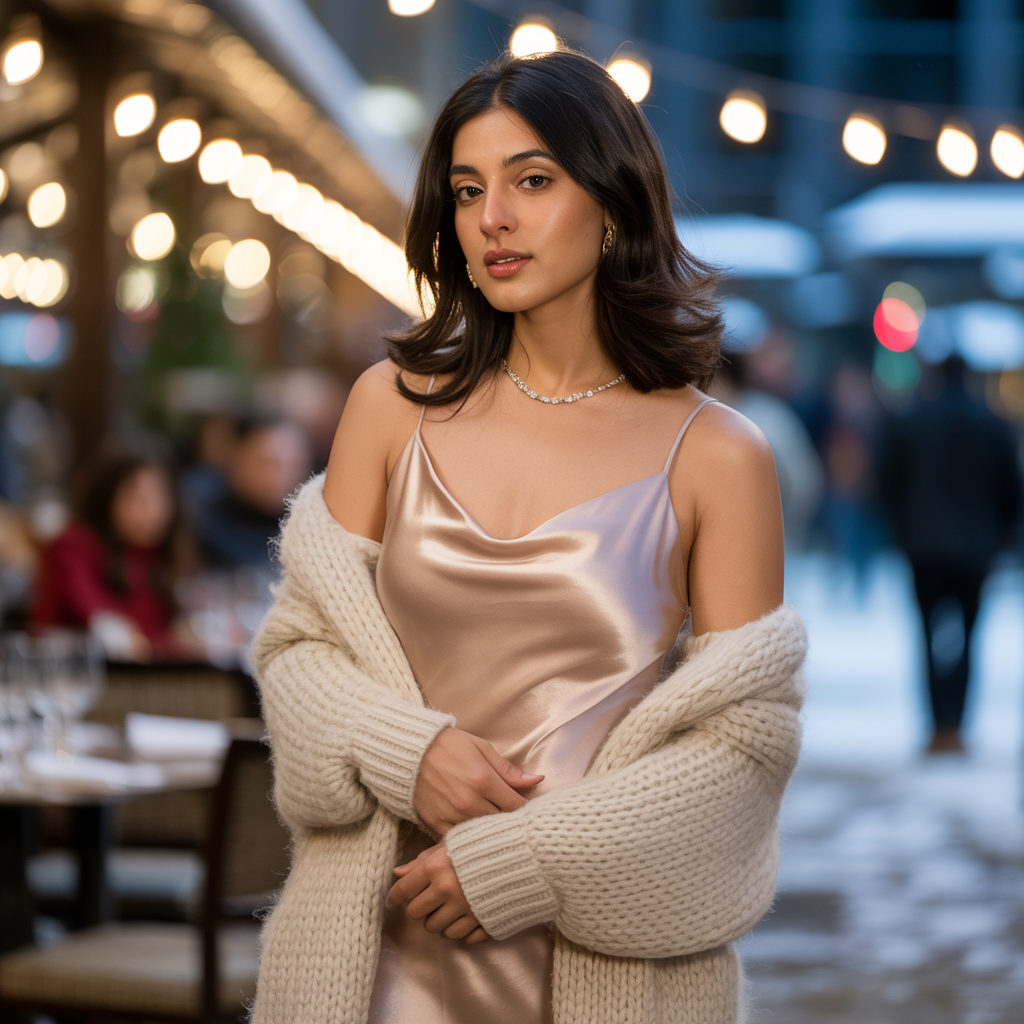 Satin Slip Dress with Layered Knits