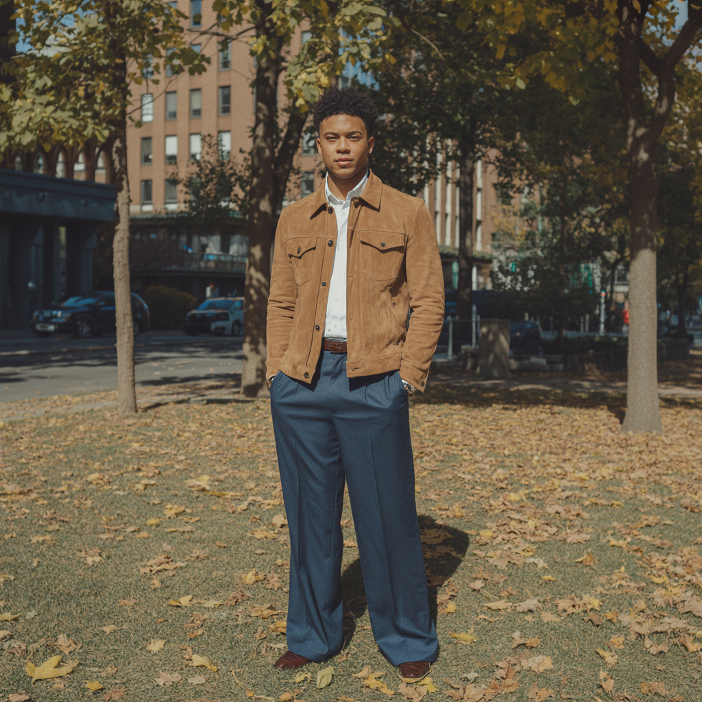 Suede Jacket with Wide-Leg Trousers