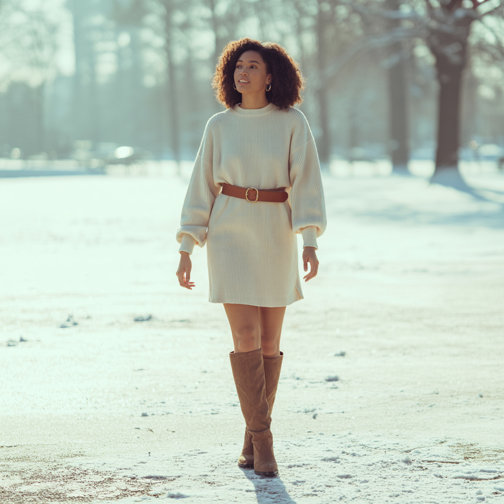 Sweater Dress with Belt and Boots