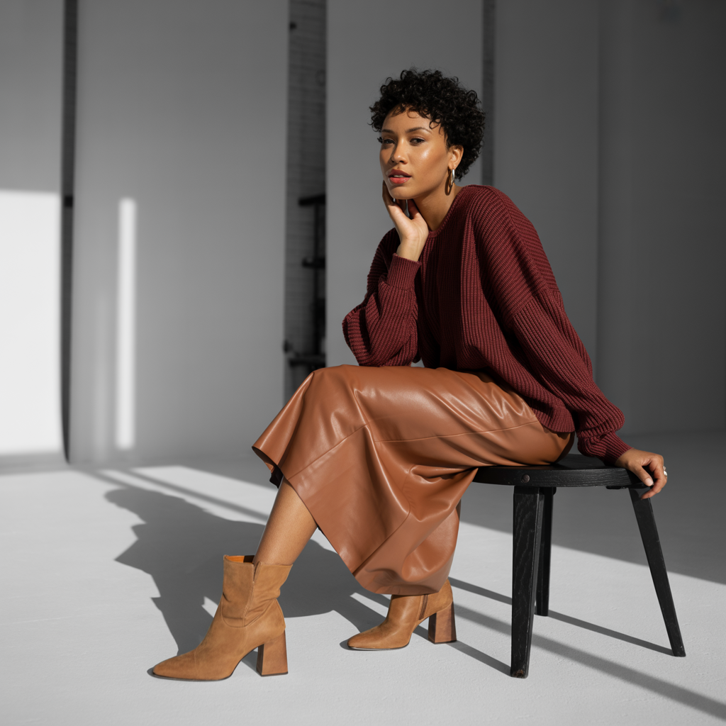 25 Best Fall Outfits for Women to Try This Season 25 Sweater with Leather Skirt and Heeled Boots