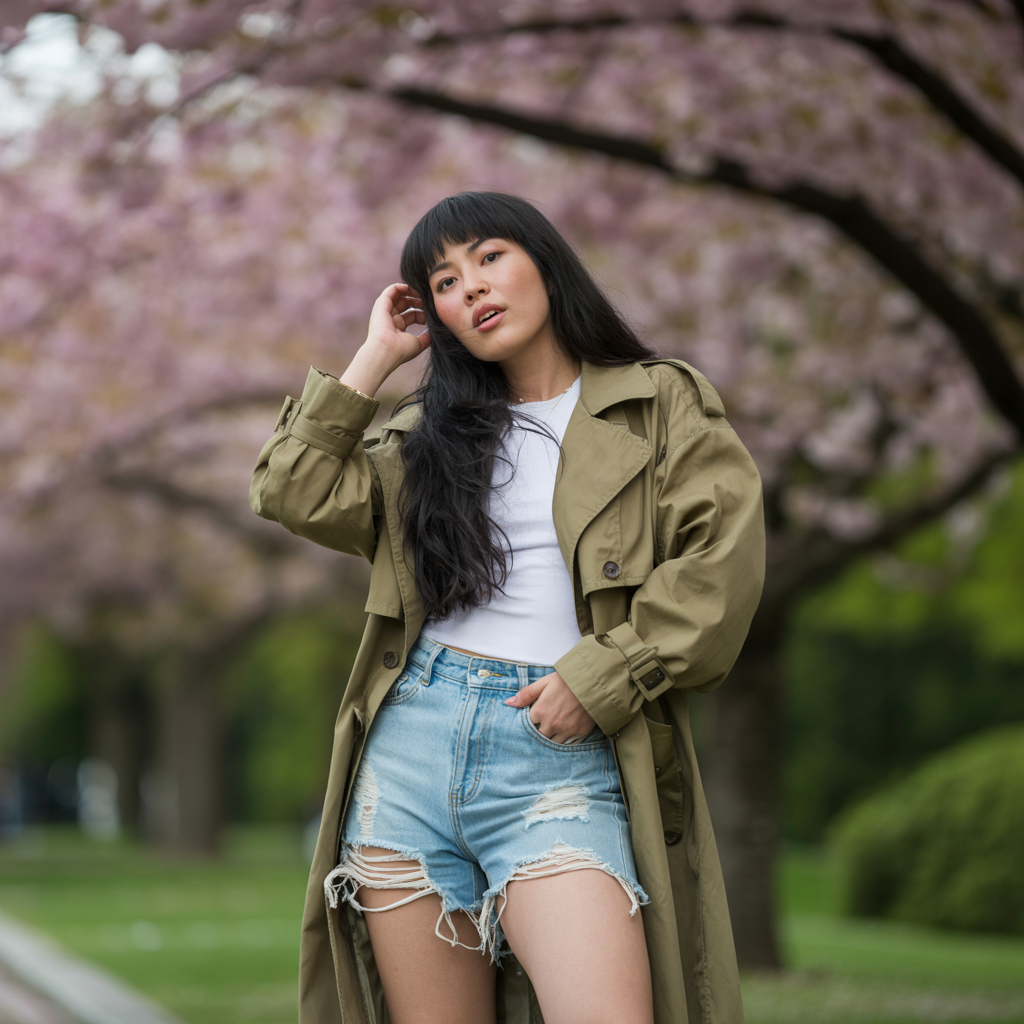 Trench Coat with Distressed Denim