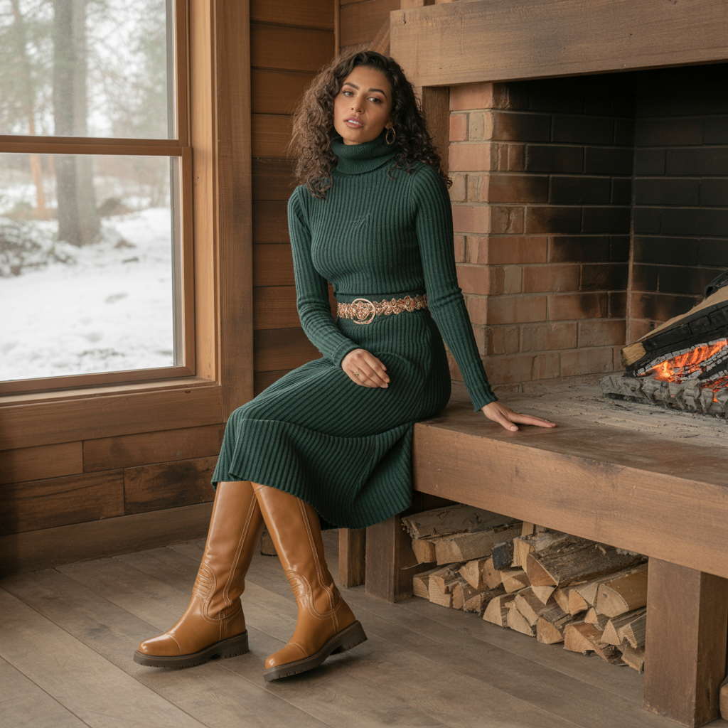 Turtleneck Dress with Belt and Boots