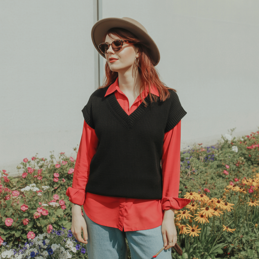 V-Neck Sweater with Button-Up Shirt