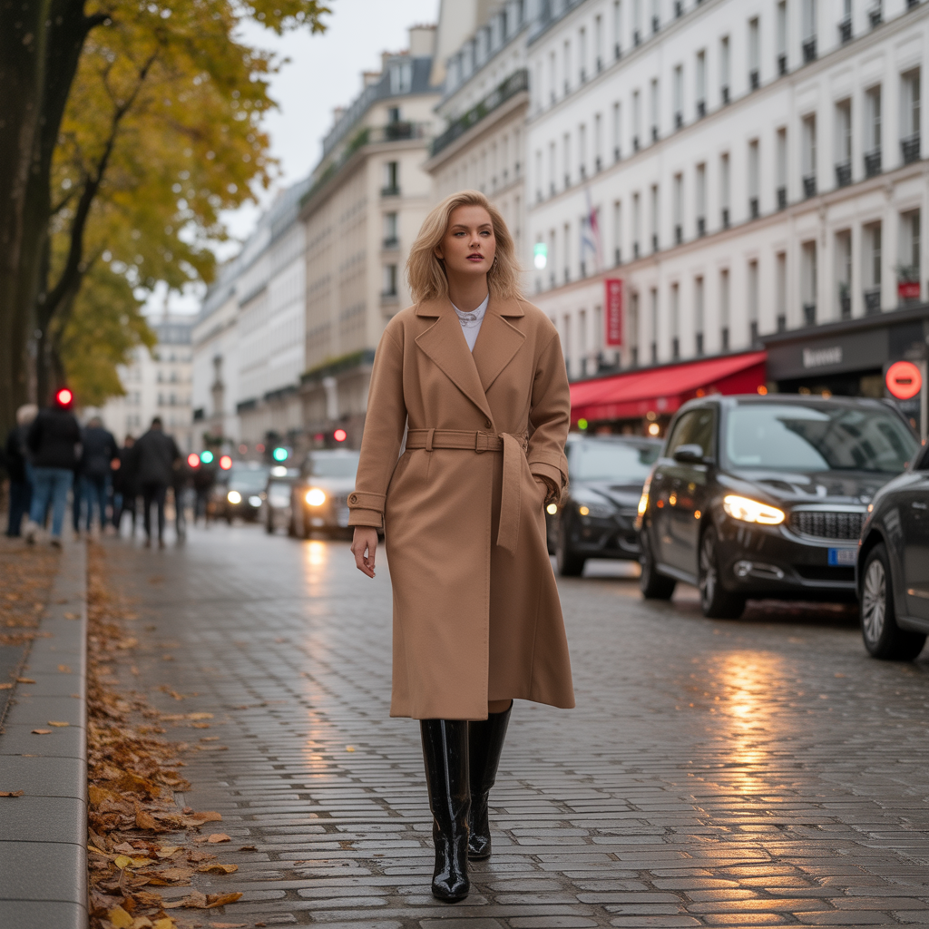 Belted Coat with Knee-High Boots