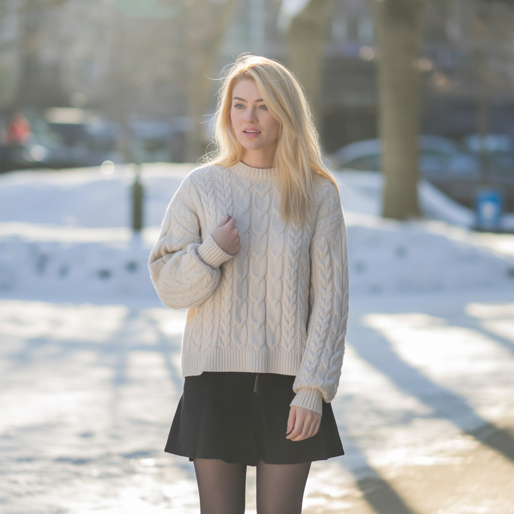 Cable-Knit Sweater with Mini Skirt and Tights