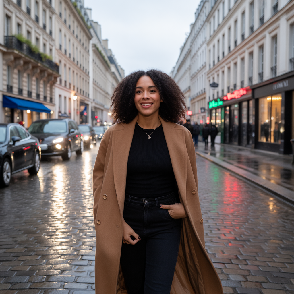 Camel Coat with All-Black Outfit
