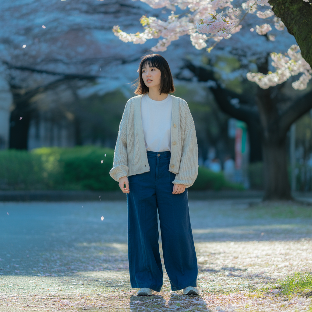 Cardigan with a Basic Tee and Wide-Leg Pants