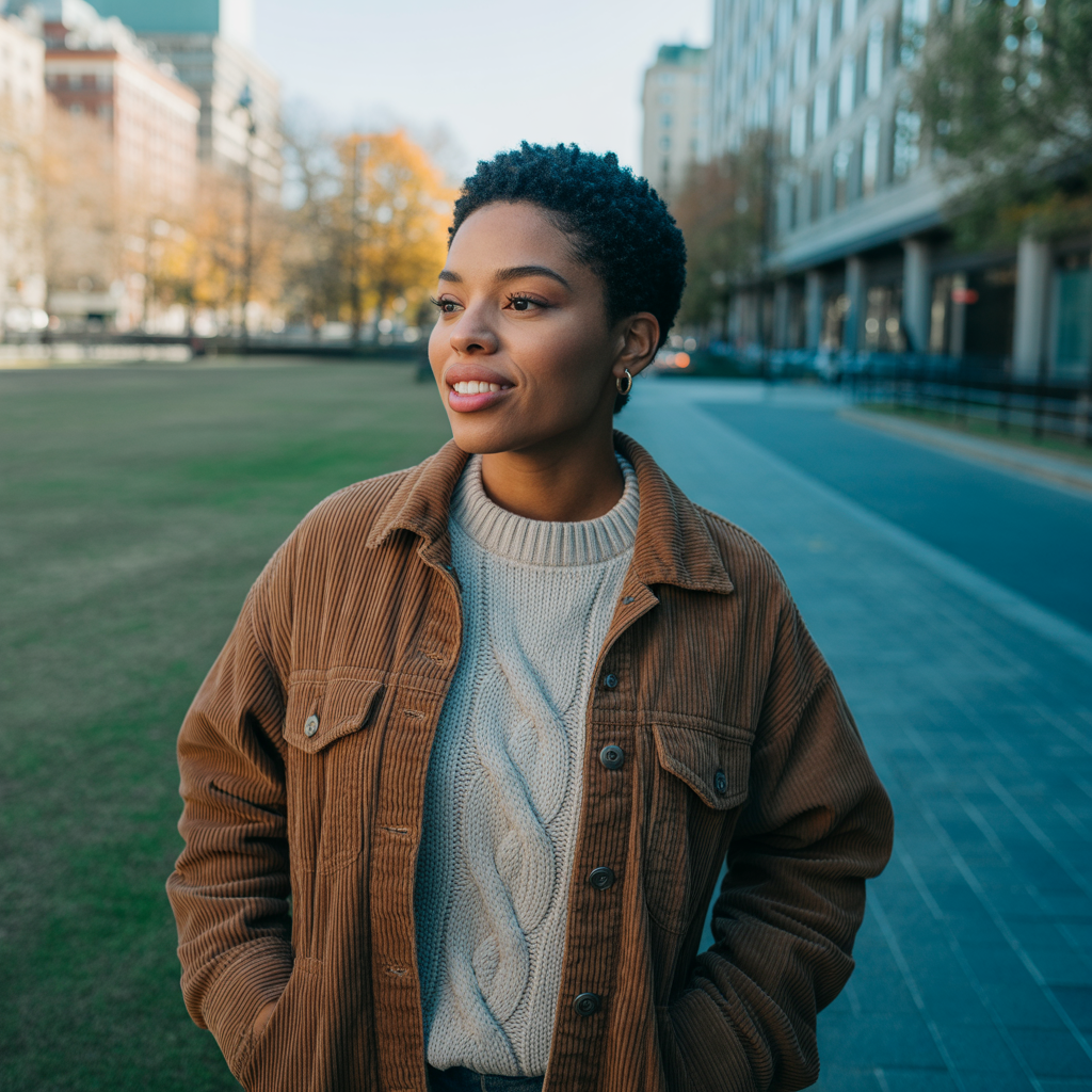 Corduroy Jacket with Layered Knitwear