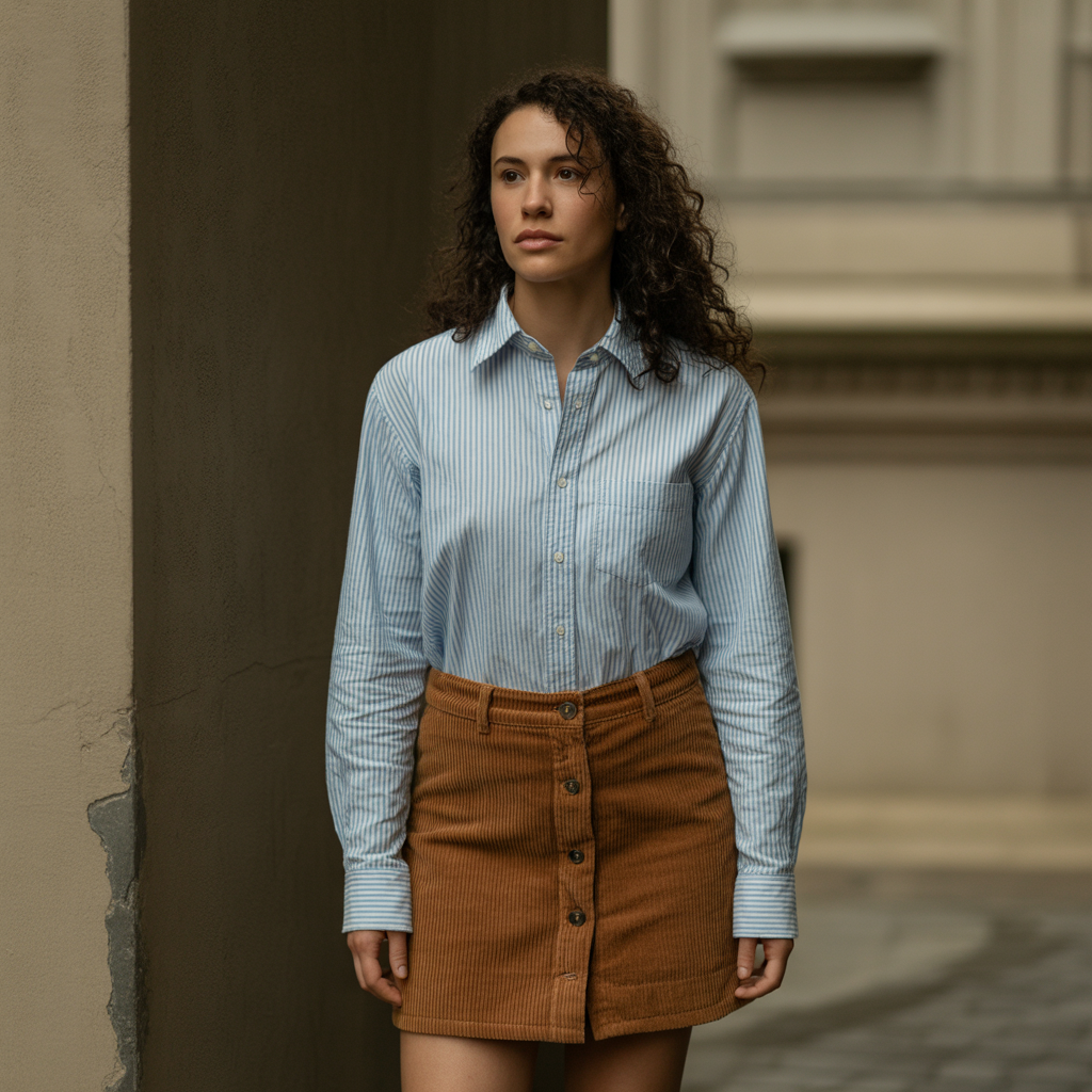 Corduroy Skirt with Button-Down Shirt