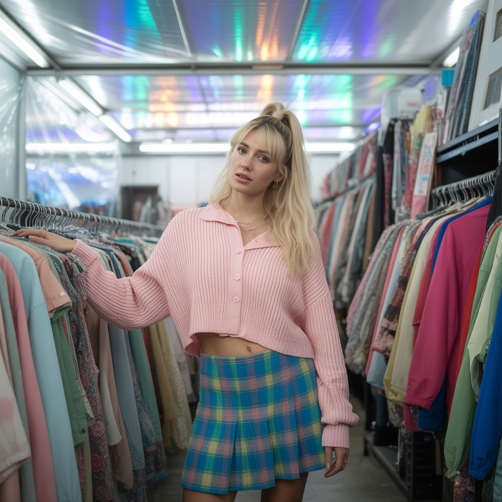 Cropped Cardigan with a Plaid Skirt