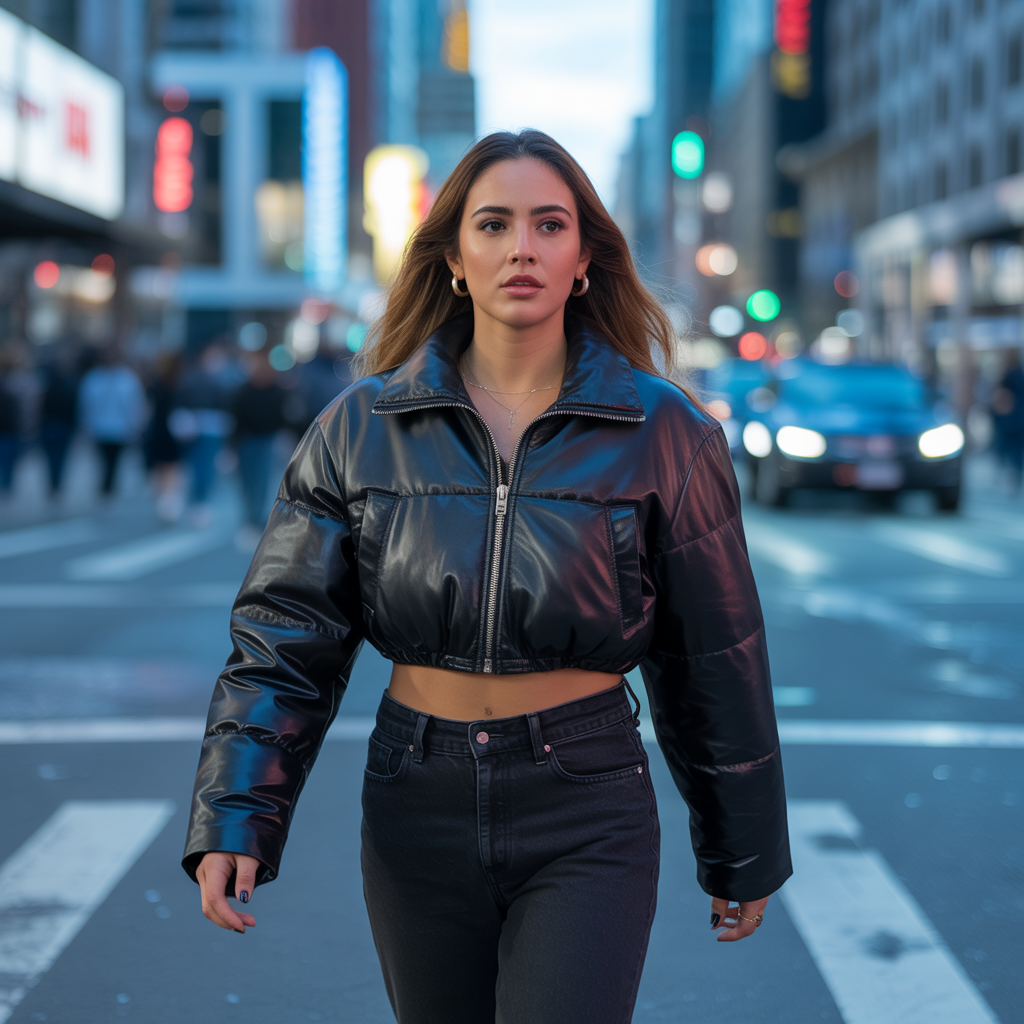 Cropped Puffer with High-Waist Jeans