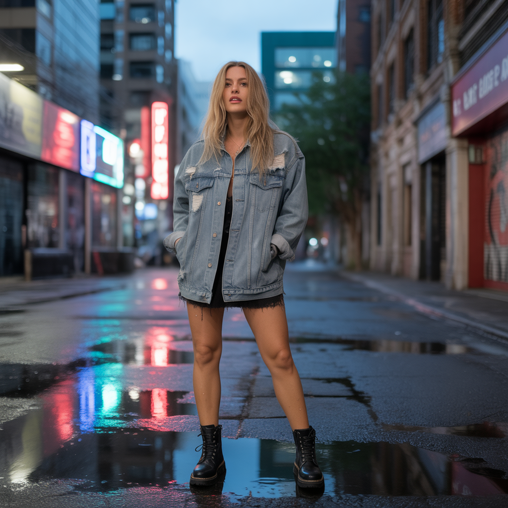 Denim Jacket with Combat Boots