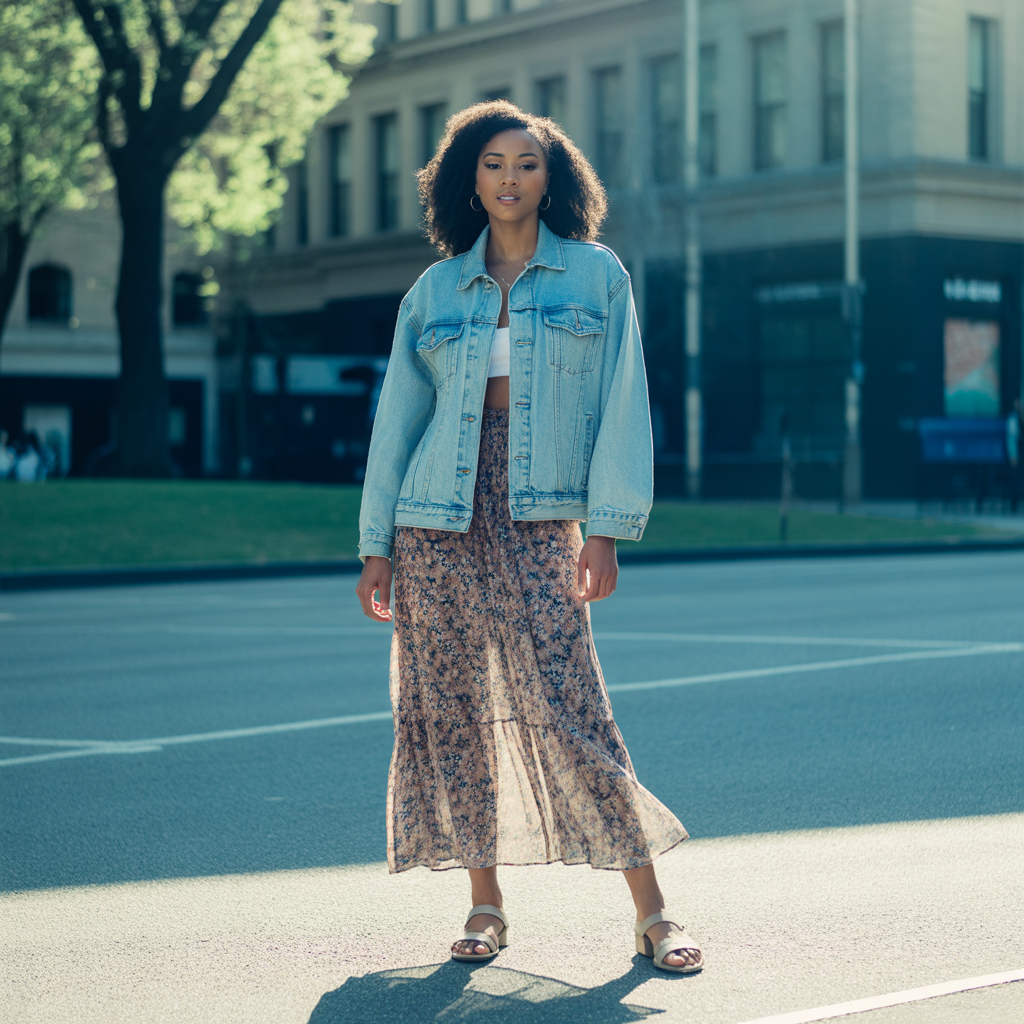 22 Best Mid Size Fall Outfits to Wear This Season 7 Denim Jacket with Maxi Skirt
