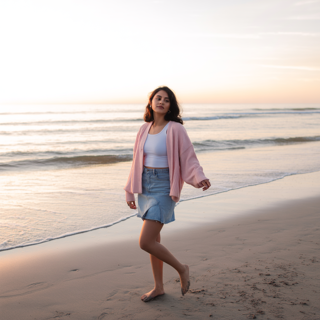 Denim Skirt with Cardigan