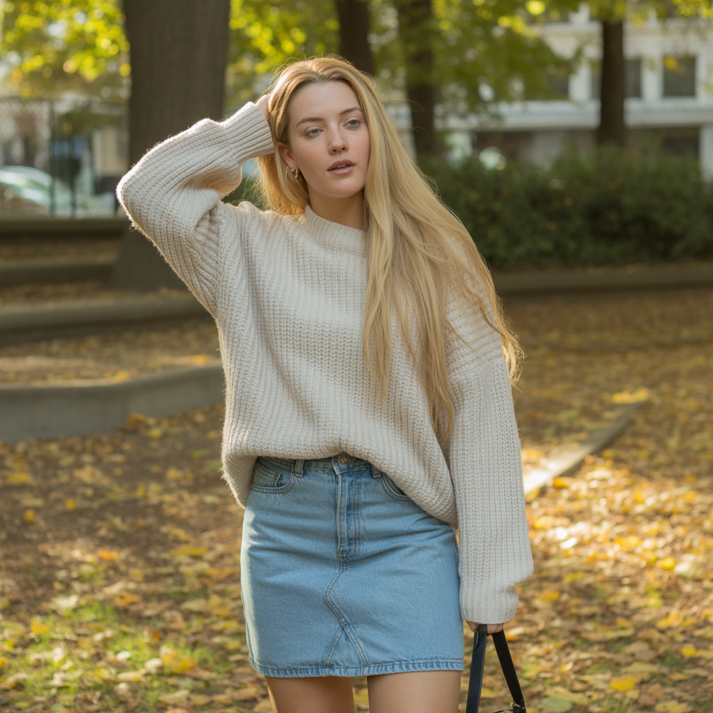 Denim Skirt with Chunky Sweater