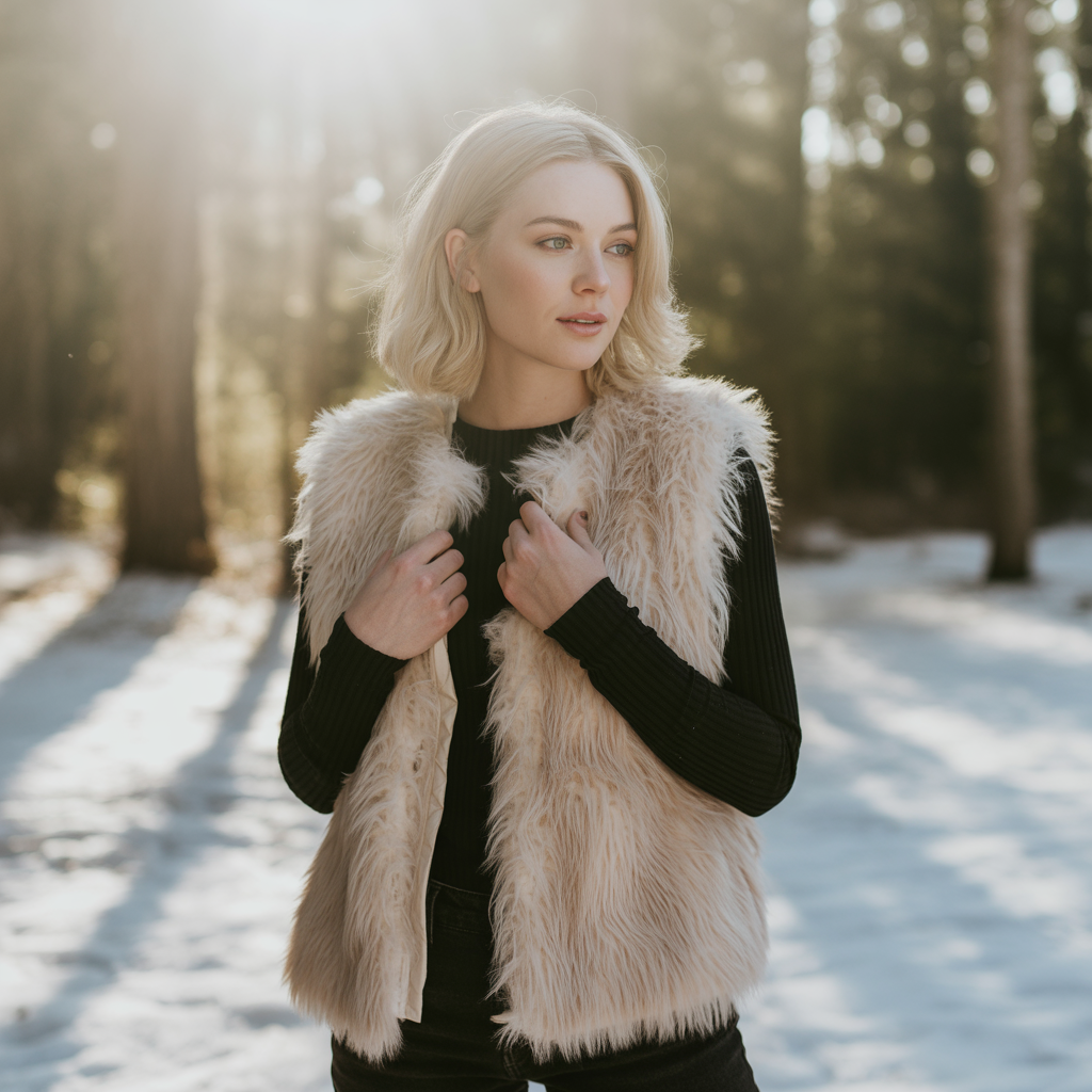 Faux Fur Vest with Long Sleeve Top