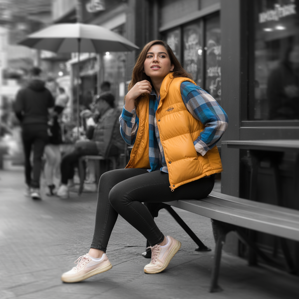 Flannel Shirt with Puffer Vest and Jeans