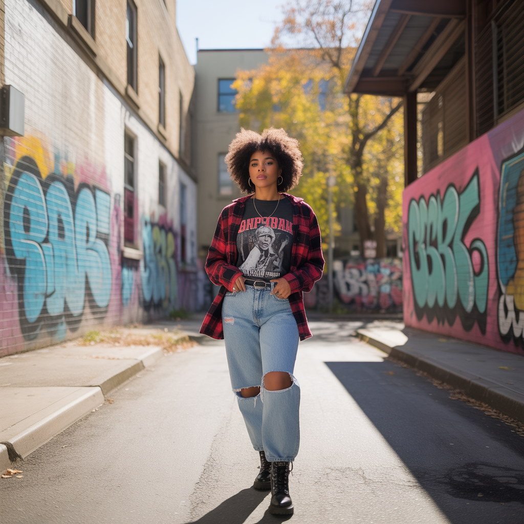 Graphic Tee Layered with a Flannel and Ripped Jeans