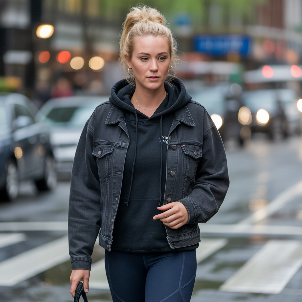 22 Best Mid Size Fall Outfits to Wear This Season 20 Hoodie with Denim Jacket and Leggings