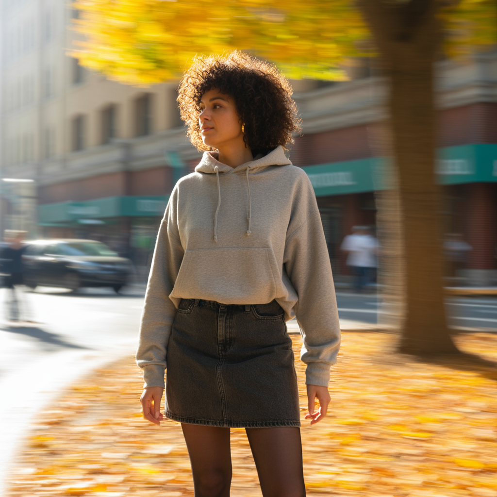 Hoodie with Denim Skirt and Tights