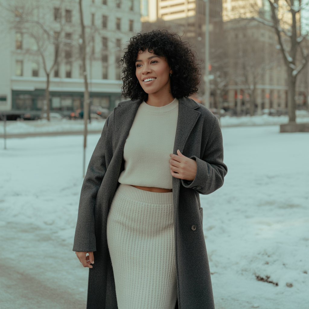 20 Best Cute Winter Skirt Outfits to Stay Warm & Stylish 11 Knit Skirt with Matching Top and Long Coat