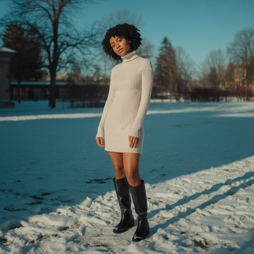 15 Best Cool Winter Outfits to Keep You Warm and Stylish 7 Knitted Dress with Knee-High Boots