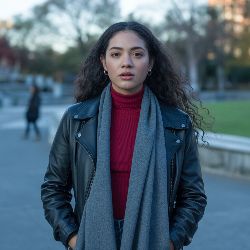 15 Best Cool Winter Outfits to Keep You Warm and Stylish 12 Layered Leather Jacket with Scarf