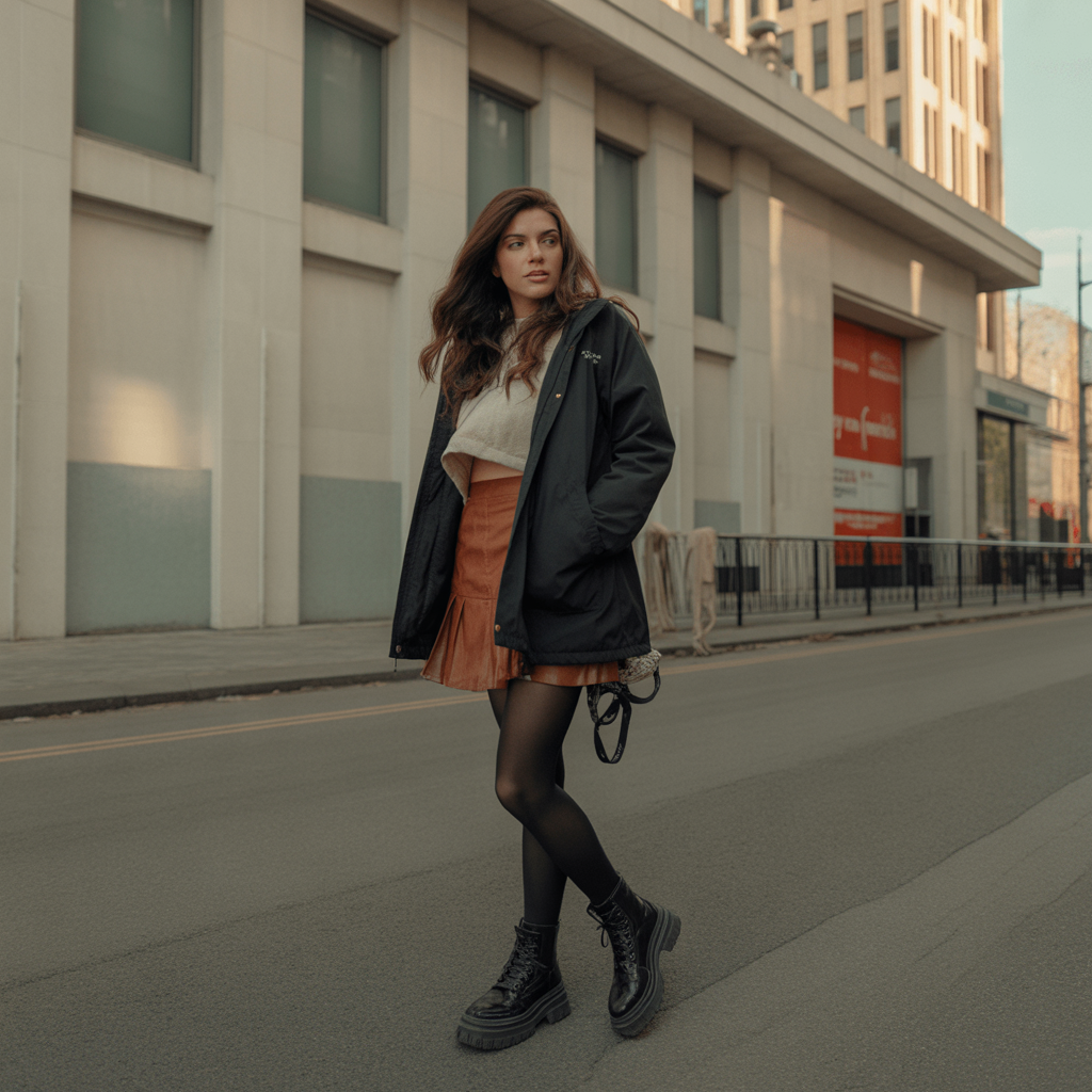 20 Best Cute Winter Skirt Outfits to Stay Warm & Stylish 17 Layered Mini Skirt with Thermal Tights and Parka