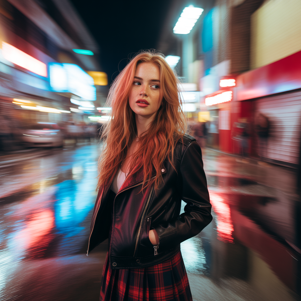 Leather Jacket with Plaid Skirt