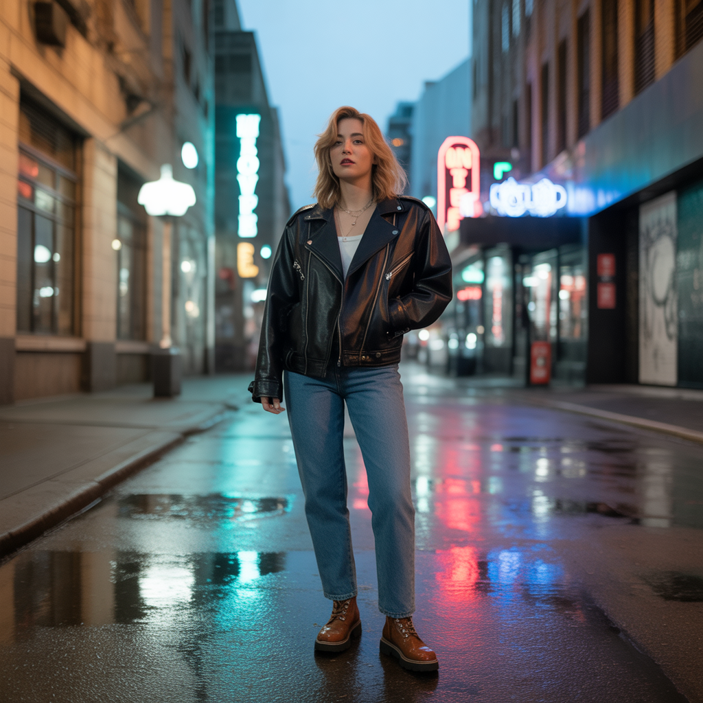 Leather Jacket with Straight-Leg Jeans and Boots