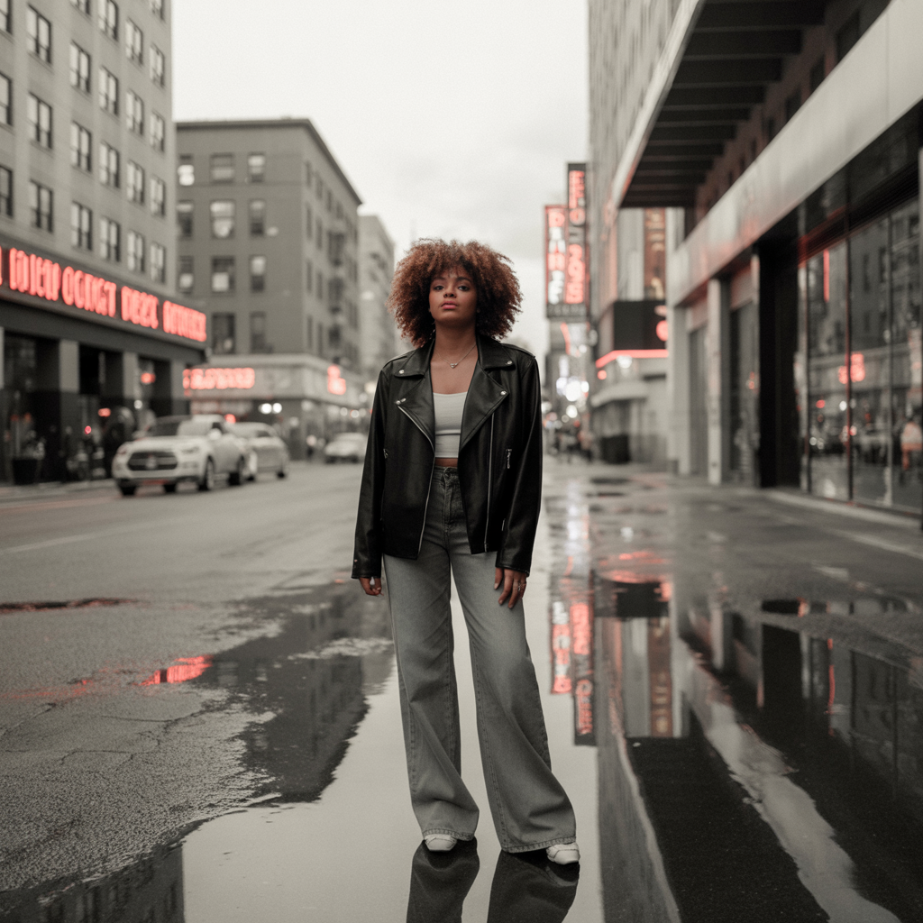 Leather Jacket with Wide-Leg Pants