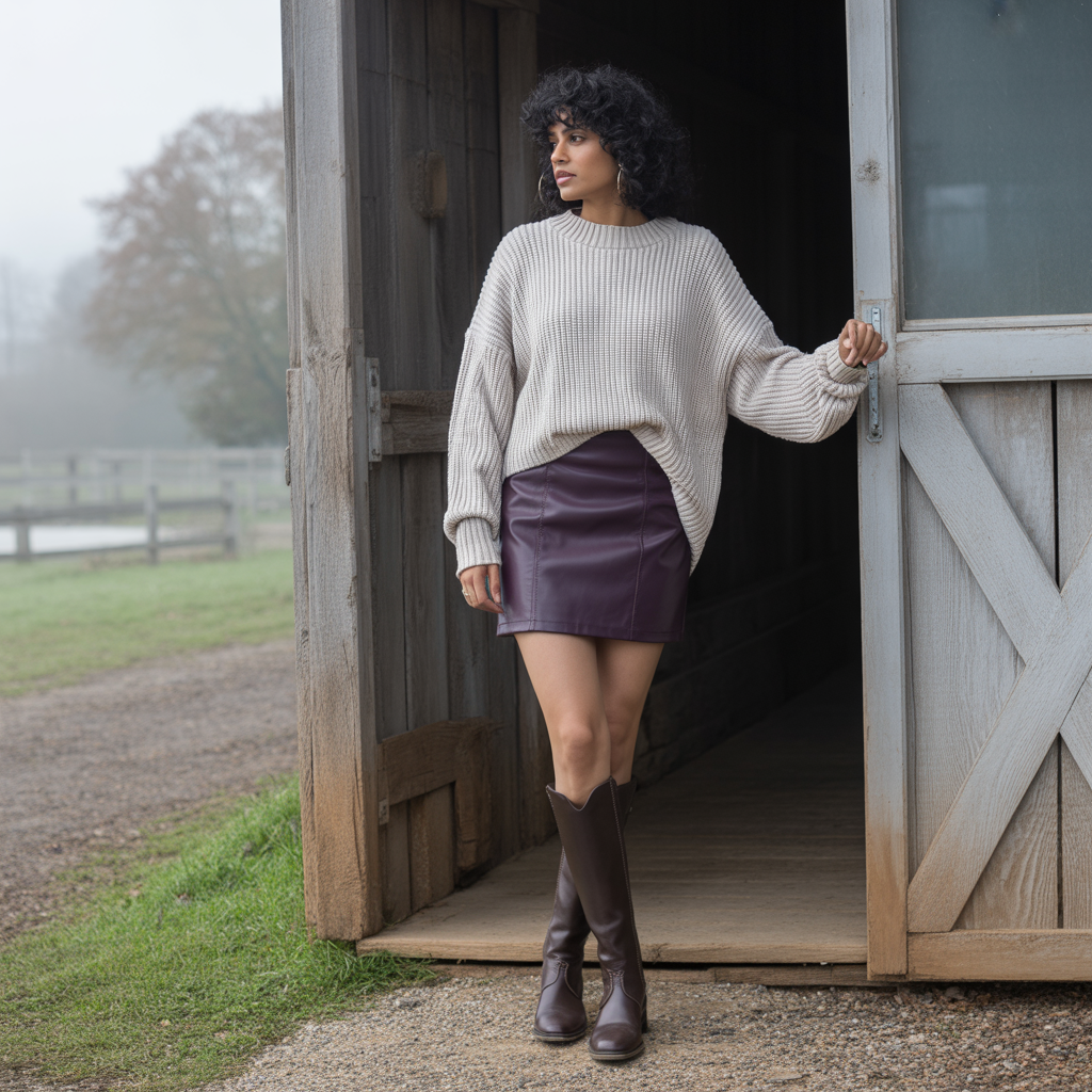 20 Best Chic Winter Work Outfits for a Polished Look 4 Leather Skirt with Knit Top and Knee-High Boots